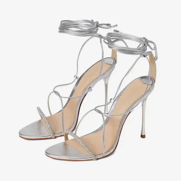 NEW! SCHUTZ Adeline Crystal Silver Strappy Leather Heels Size 11B